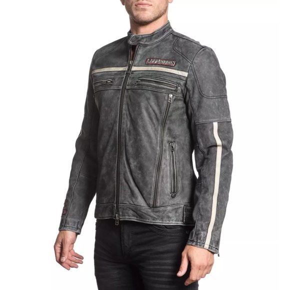 AFFLICTION Leather BLACK MOON RIDERS JACKET Grey - Picture 10 of 11
